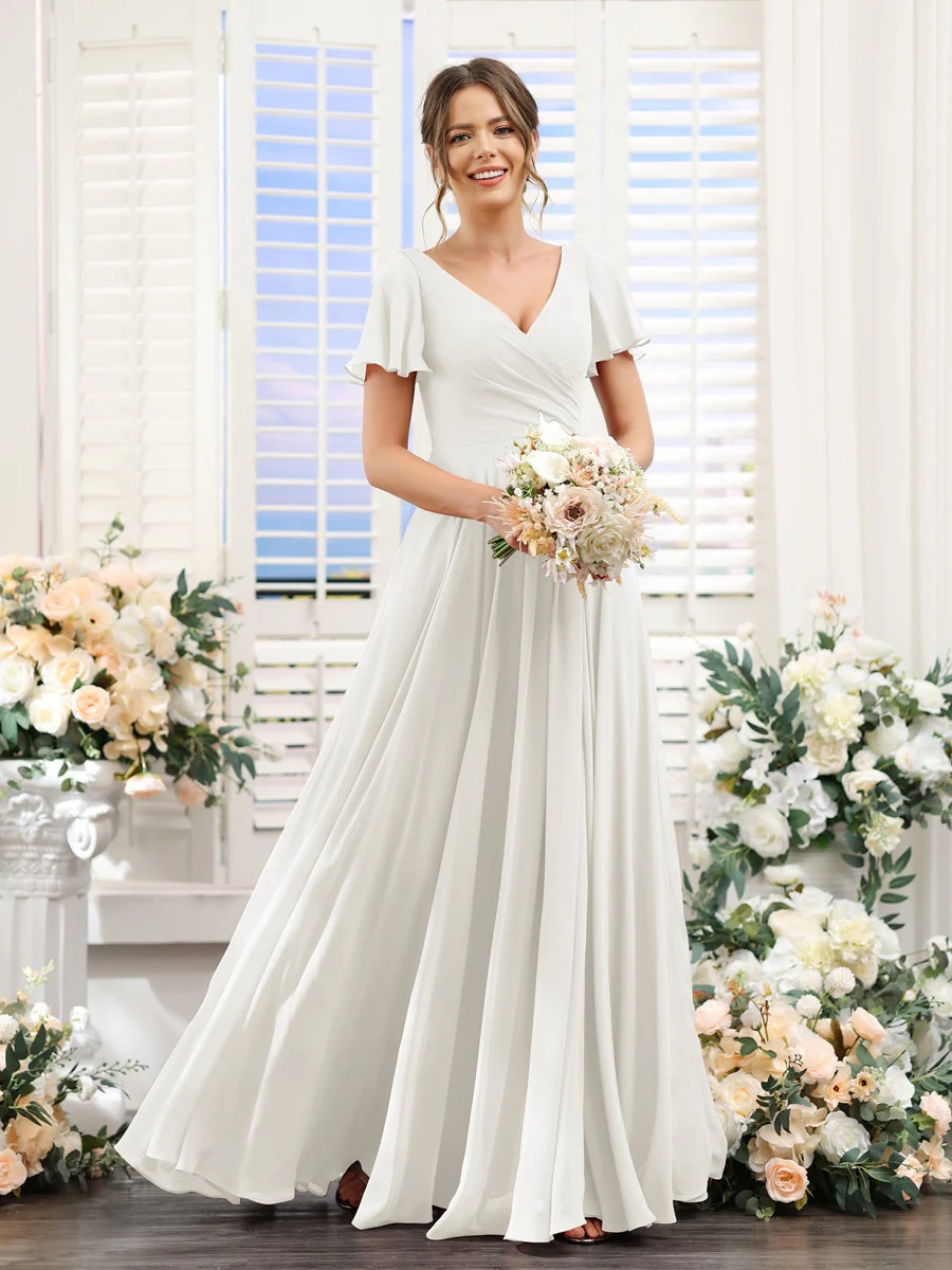A-Line/Princess V-Neck Short Sleeves Bridesmaid Dresses with Split Side & Ruched - Image 22