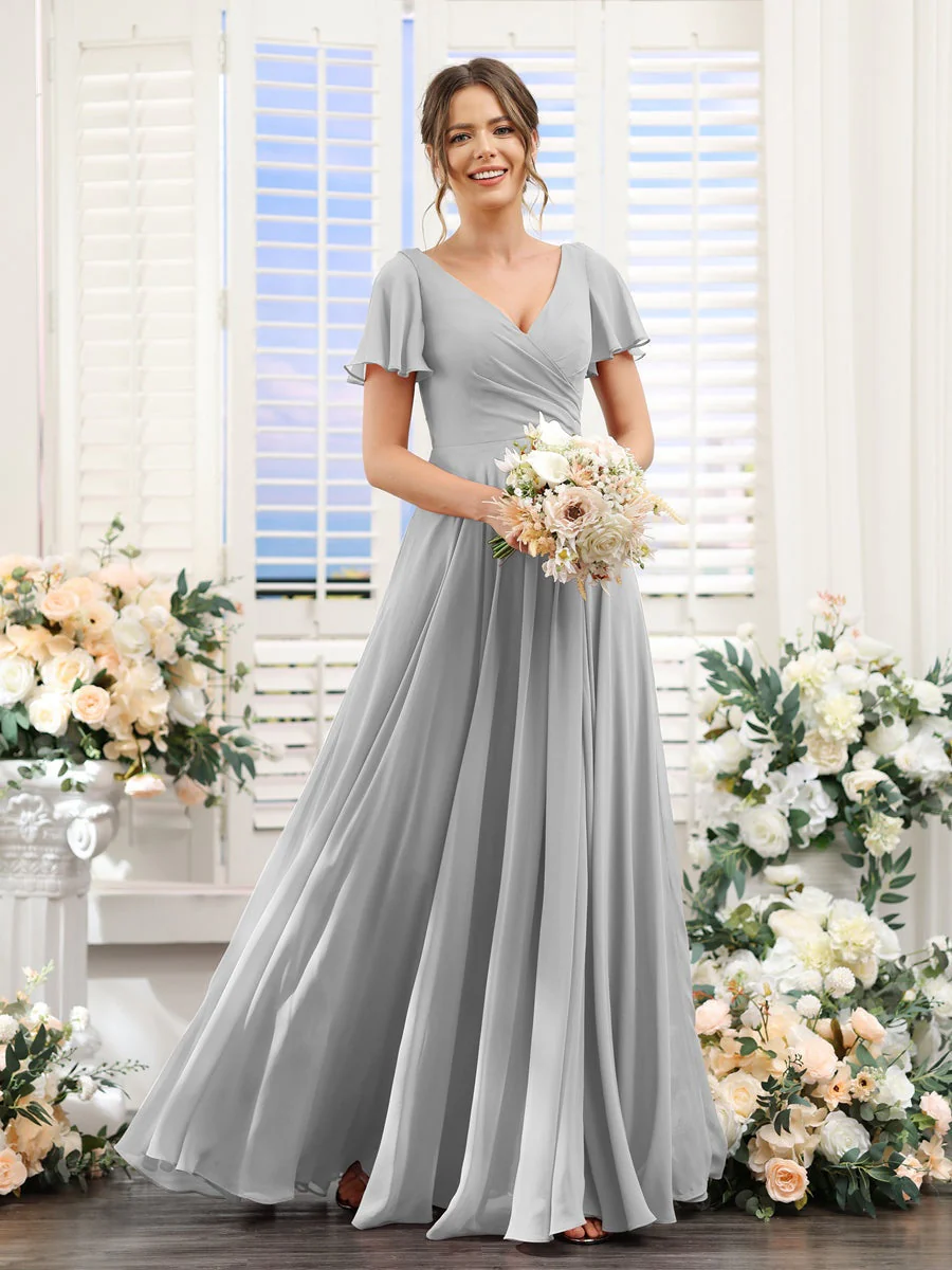 A-Line/Princess V-Neck Short Sleeves Bridesmaid Dresses with Split Side & Ruched - Image 23