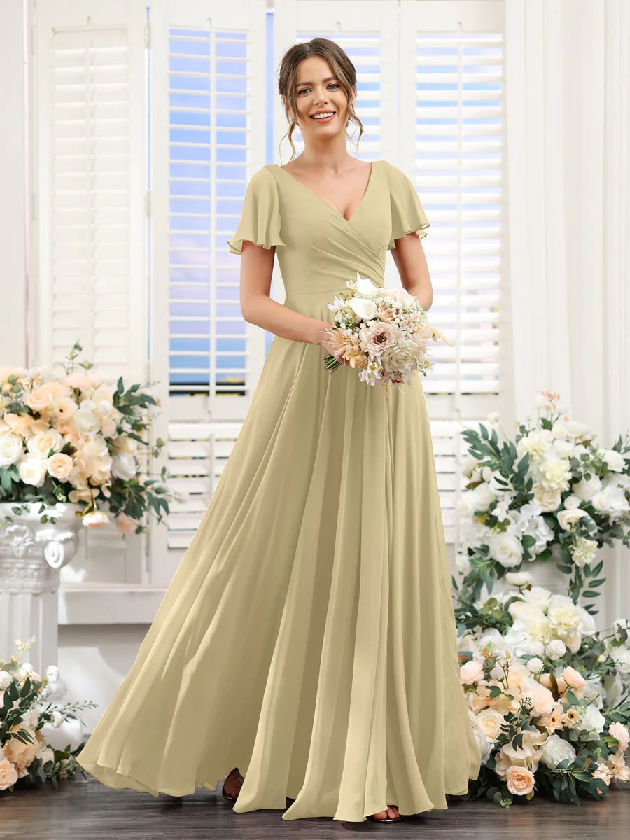 A-Line/Princess V-Neck Short Sleeves Bridesmaid Dresses with Split Side & Ruched - Image 25