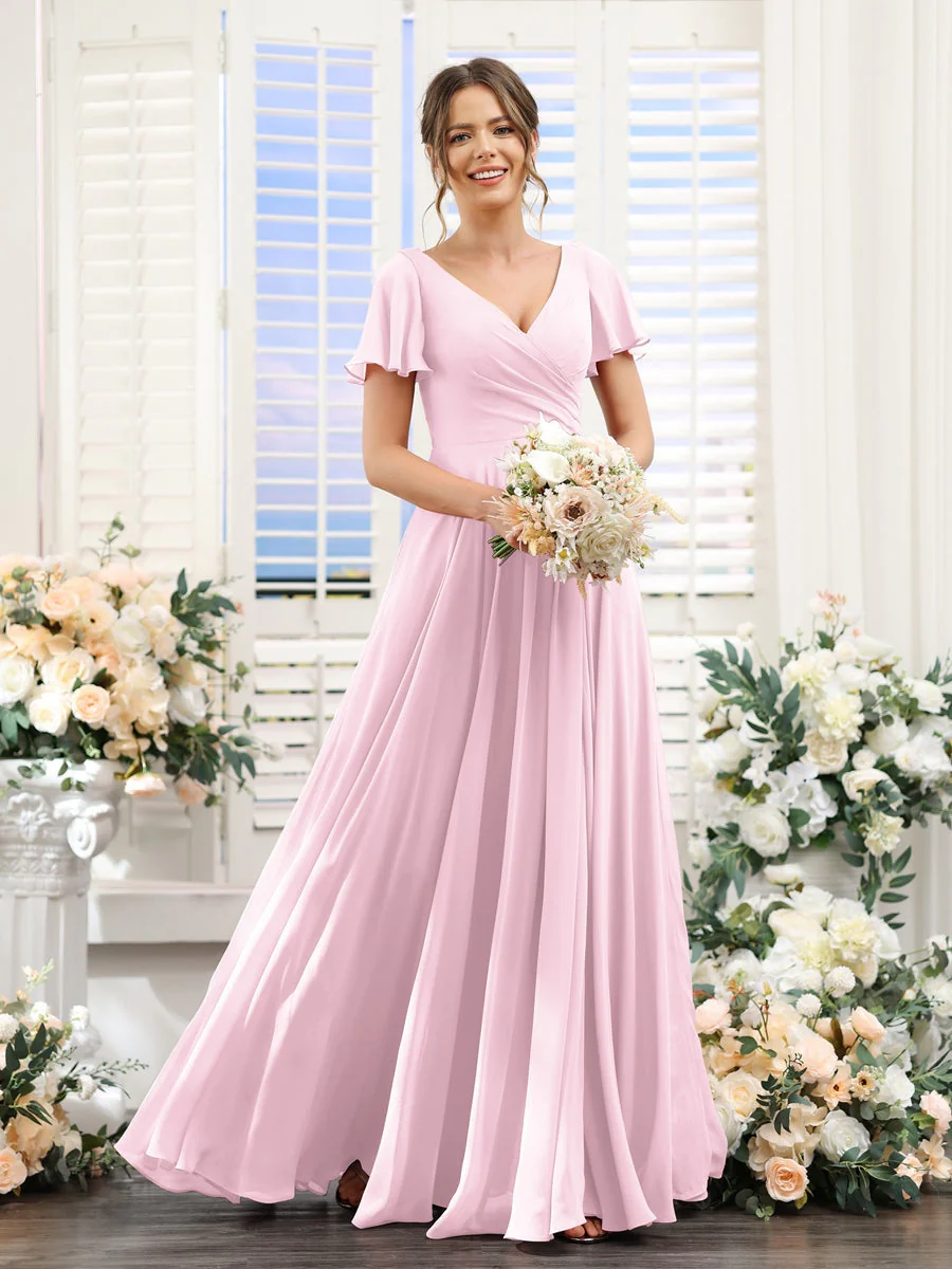 A-Line/Princess V-Neck Short Sleeves Bridesmaid Dresses with Split Side & Ruched - Image 26