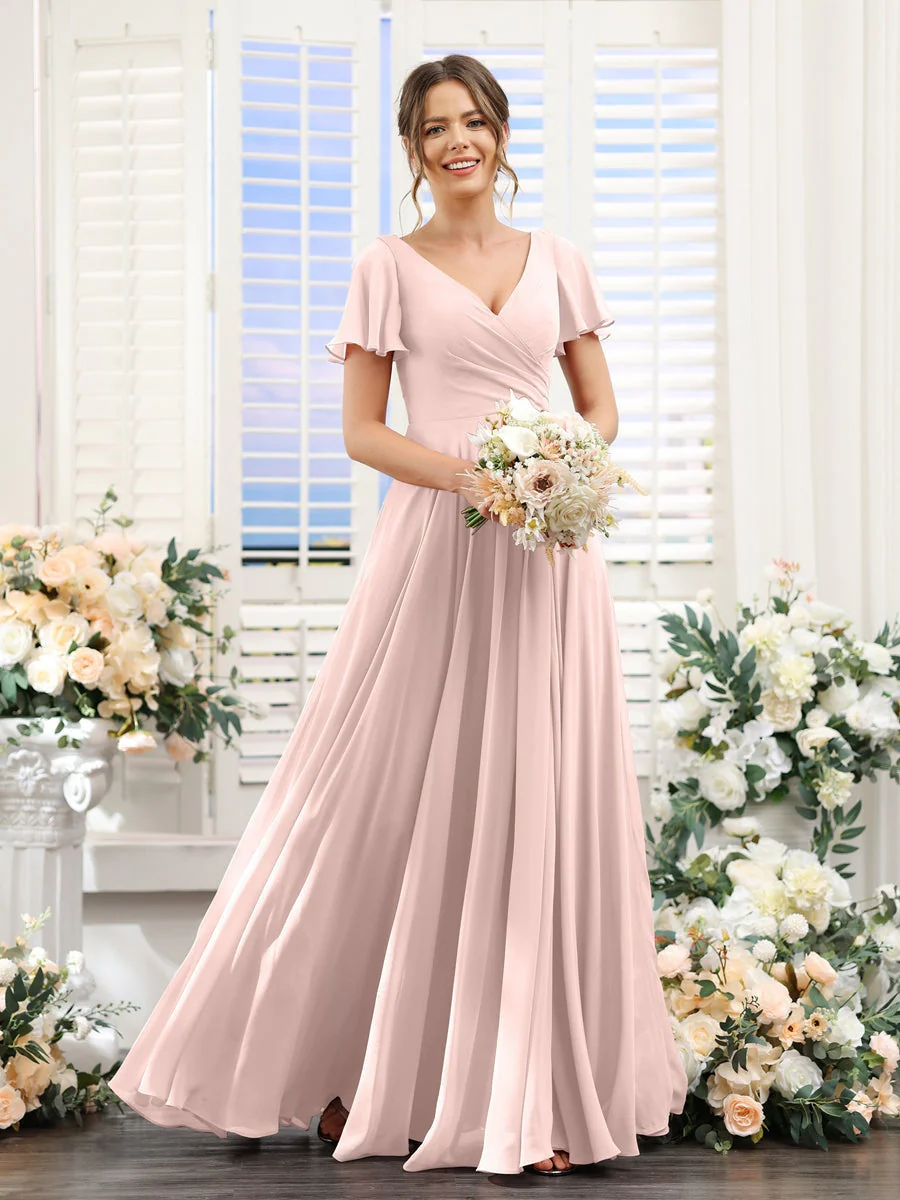 A-Line/Princess V-Neck Short Sleeves Bridesmaid Dresses with Split Side & Ruched - Image 27