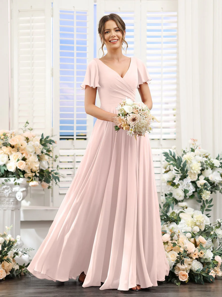 A-Line/Princess V-Neck Short Sleeves Bridesmaid Dresses with Split Side & Ruched - Image 28