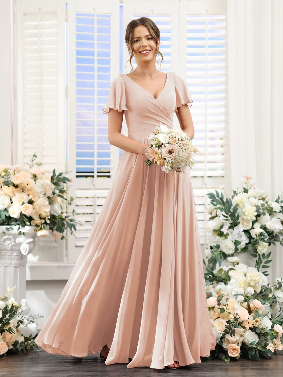 A-Line/Princess V-Neck Short Sleeves Bridesmaid Dresses with Split Side & Ruched - Image 29