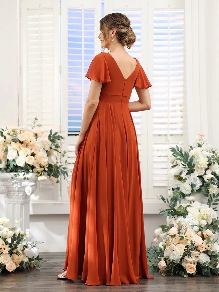 A-Line/Princess V-Neck Short Sleeves Bridesmaid Dresses with Split Side & Ruched - Image 3
