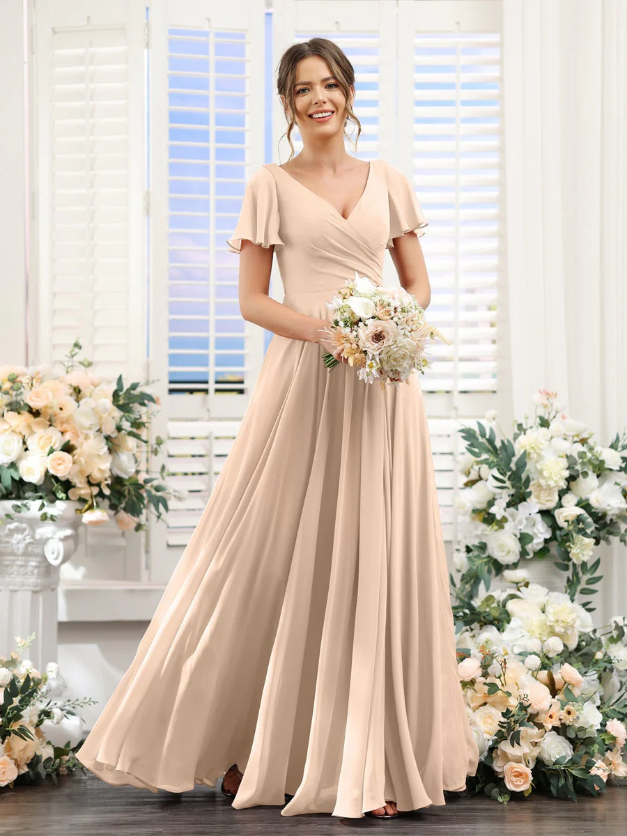A-Line/Princess V-Neck Short Sleeves Bridesmaid Dresses with Split Side & Ruched - Image 30