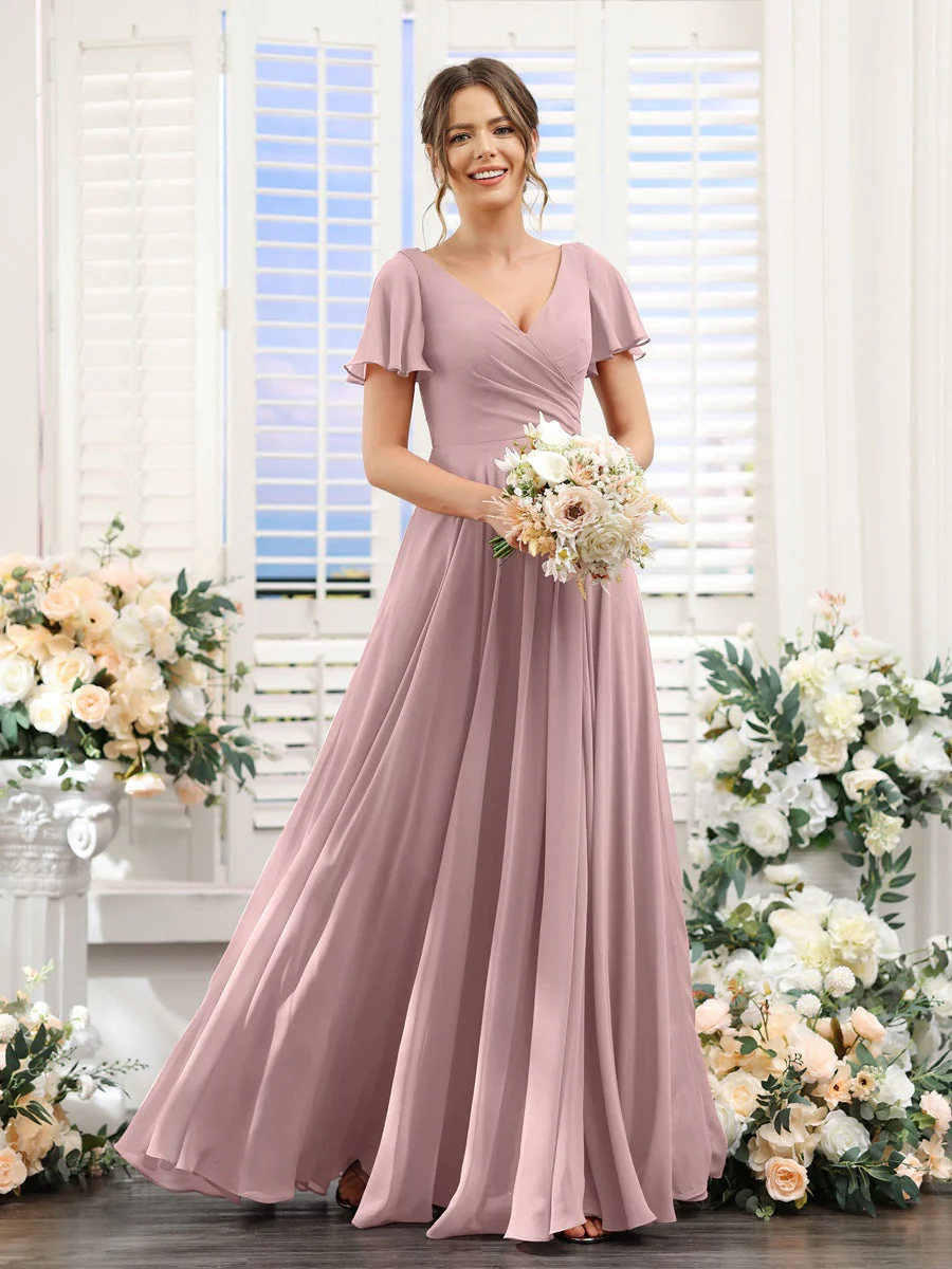 A-Line/Princess V-Neck Short Sleeves Bridesmaid Dresses with Split Side & Ruched - Image 31