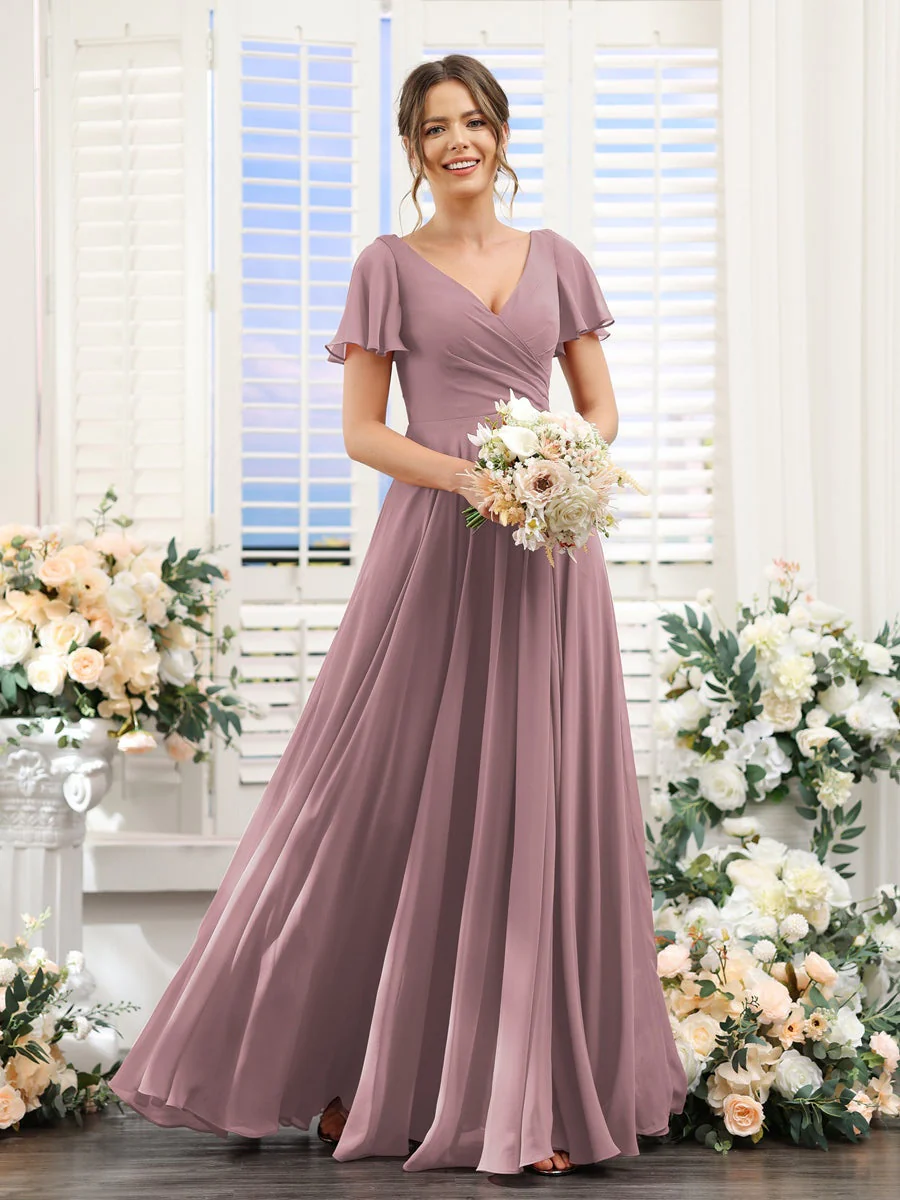 A-Line/Princess V-Neck Short Sleeves Bridesmaid Dresses with Split Side & Ruched - Image 32