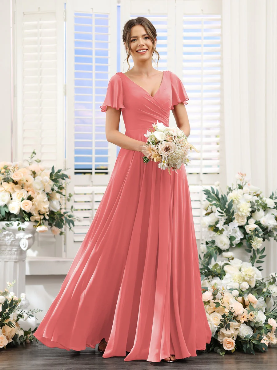 A-Line/Princess V-Neck Short Sleeves Bridesmaid Dresses with Split Side & Ruched - Image 33