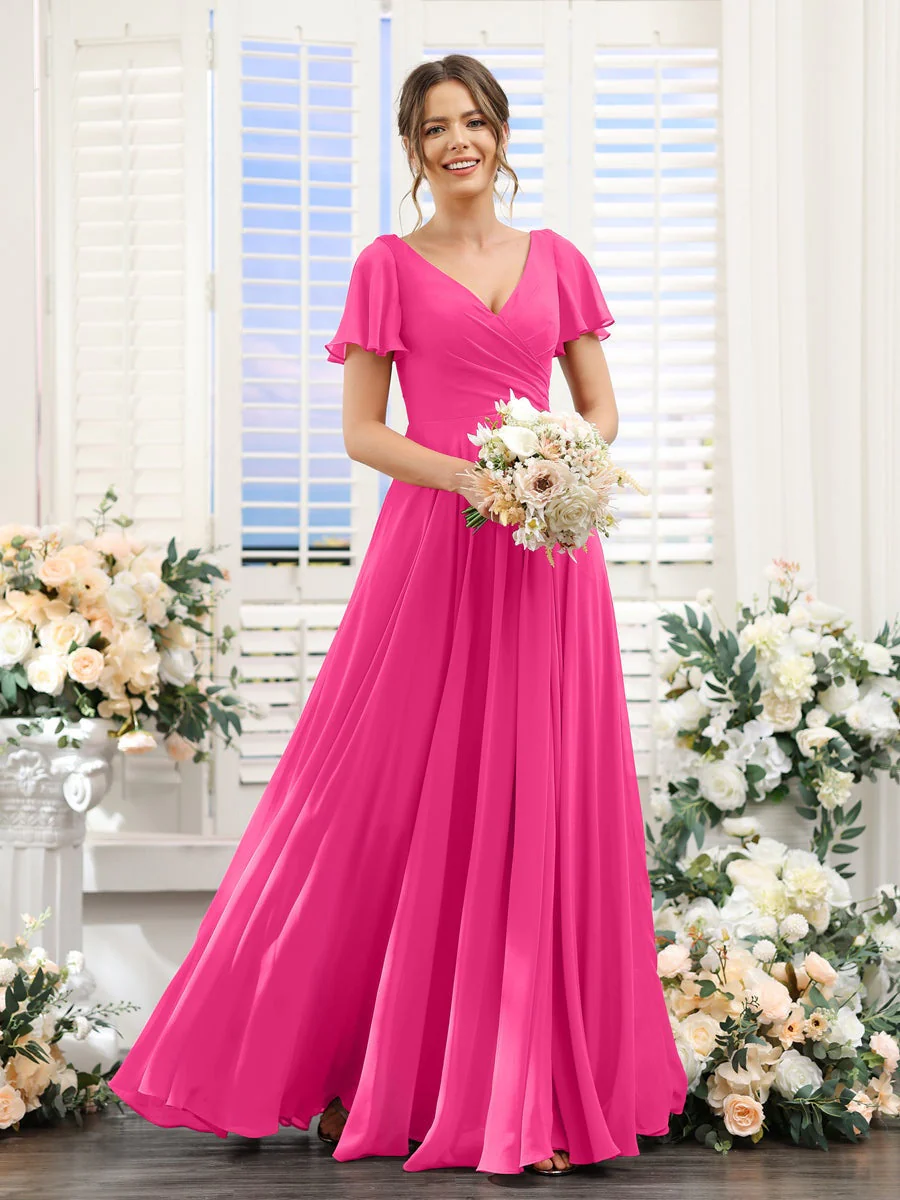 A-Line/Princess V-Neck Short Sleeves Bridesmaid Dresses with Split Side & Ruched - Image 34