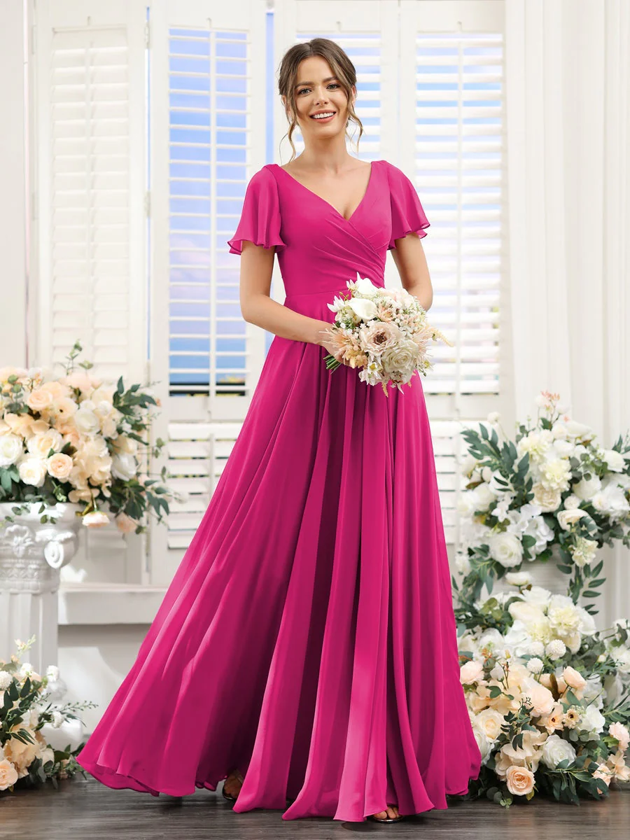 A-Line/Princess V-Neck Short Sleeves Bridesmaid Dresses with Split Side & Ruched - Image 35