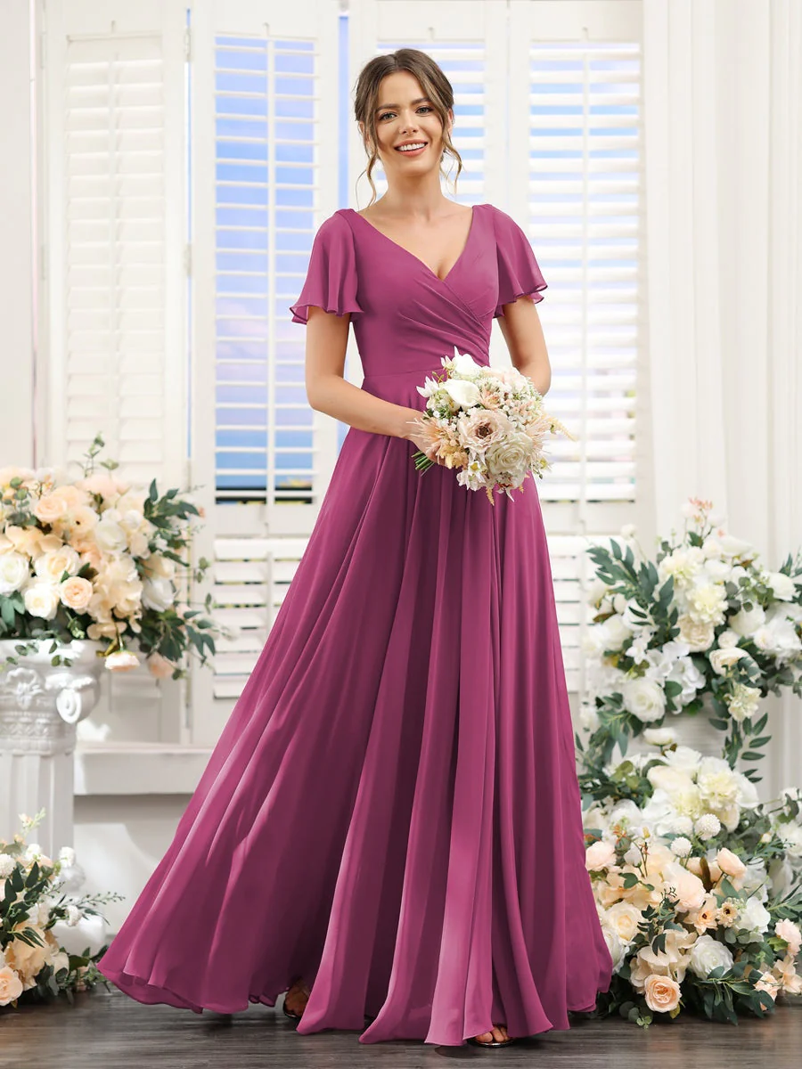 A-Line/Princess V-Neck Short Sleeves Bridesmaid Dresses with Split Side & Ruched - Image 36
