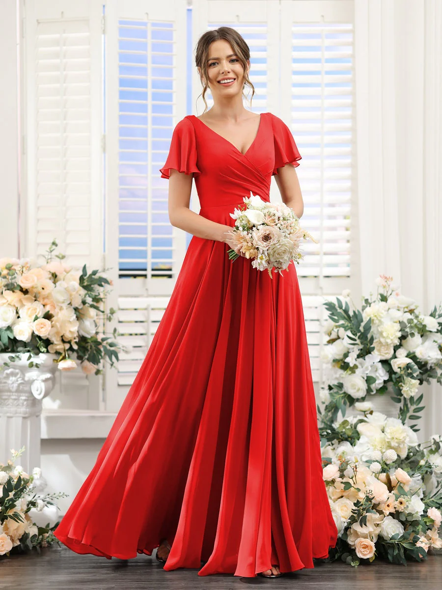 A-Line/Princess V-Neck Short Sleeves Bridesmaid Dresses with Split Side & Ruched - Image 37