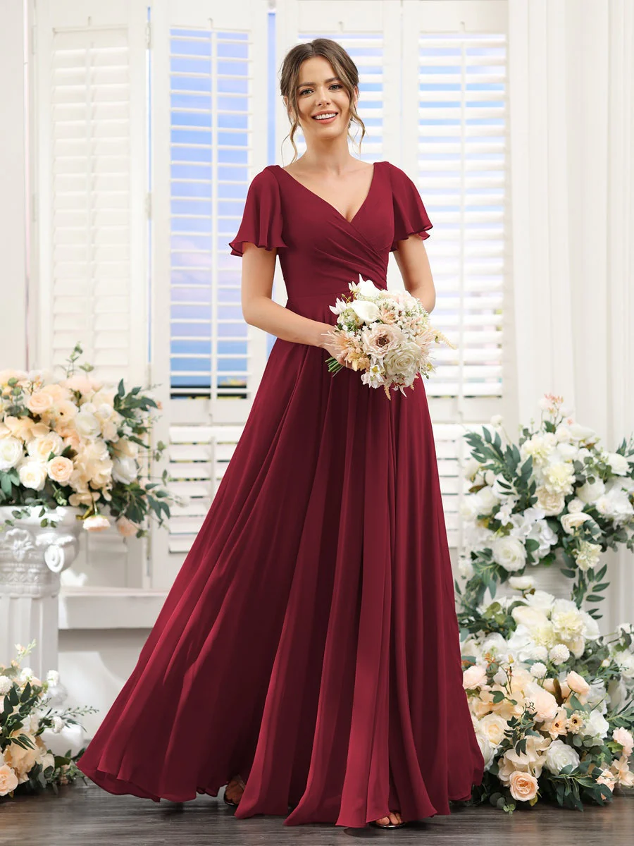 A-Line/Princess V-Neck Short Sleeves Bridesmaid Dresses with Split Side & Ruched - Image 38