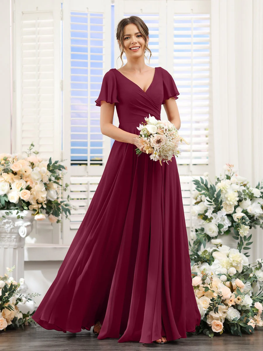 A-Line/Princess V-Neck Short Sleeves Bridesmaid Dresses with Split Side & Ruched - Image 39