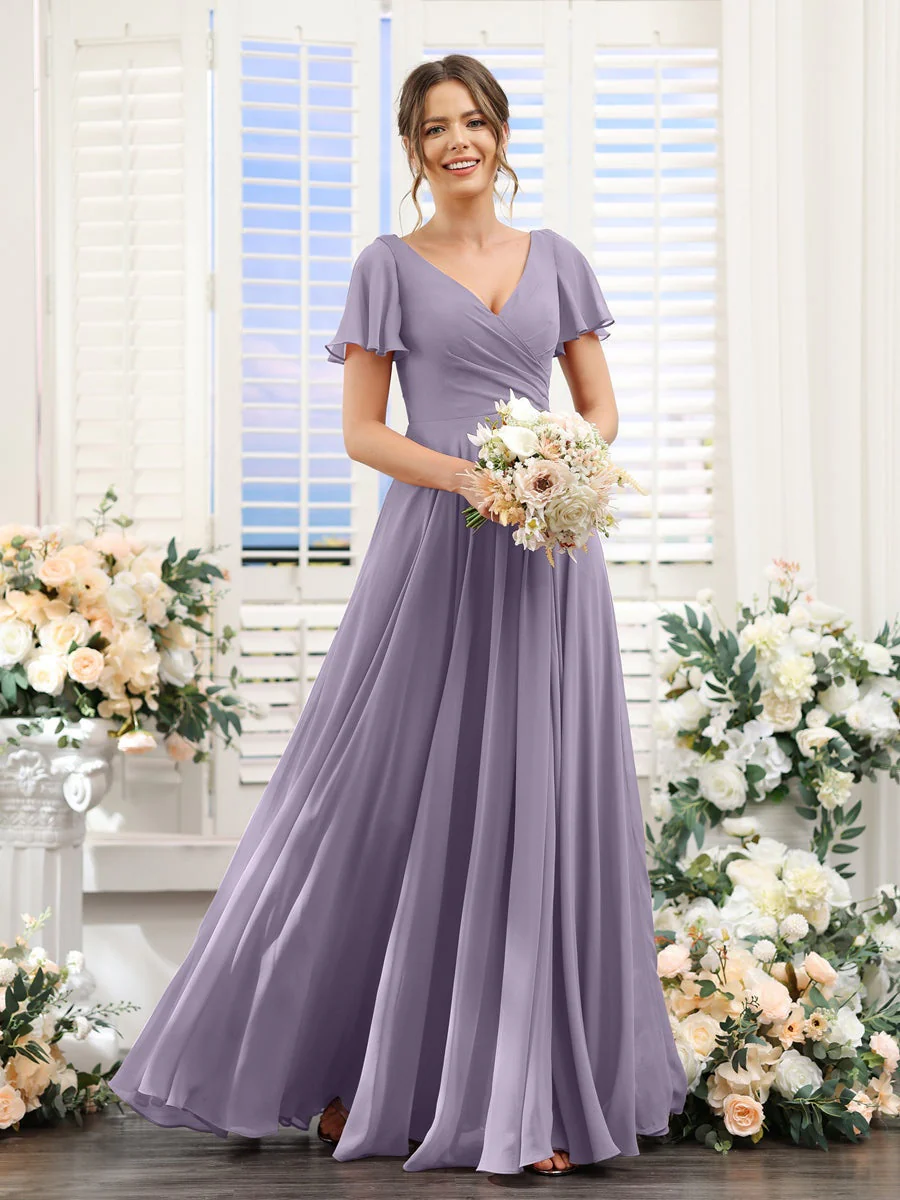A-Line/Princess V-Neck Short Sleeves Bridesmaid Dresses with Split Side & Ruched - Image 40