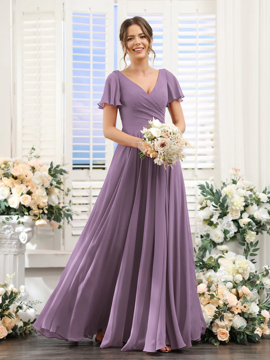 A-Line/Princess V-Neck Short Sleeves Bridesmaid Dresses with Split Side & Ruched - Image 41
