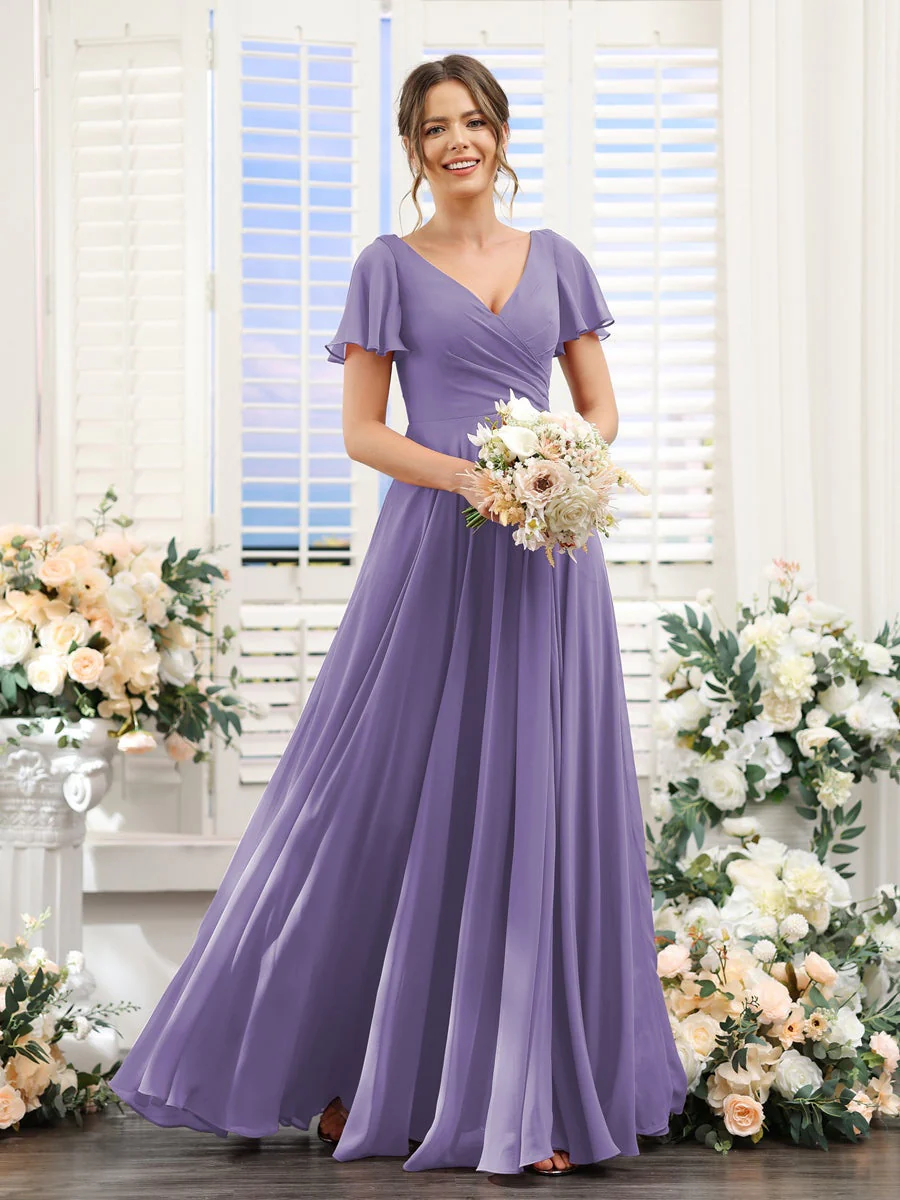 A-Line/Princess V-Neck Short Sleeves Bridesmaid Dresses with Split Side & Ruched - Image 42