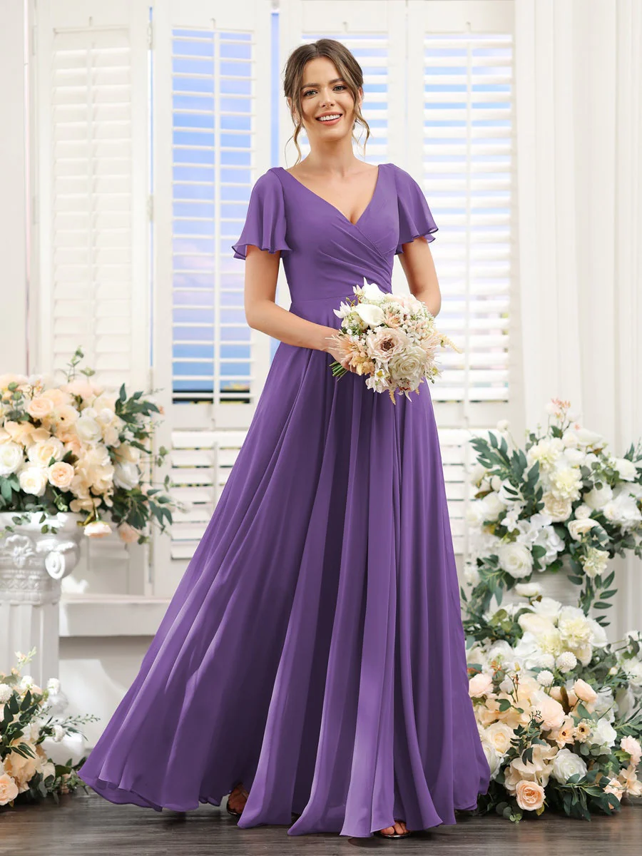 A-Line/Princess V-Neck Short Sleeves Bridesmaid Dresses with Split Side & Ruched - Image 43