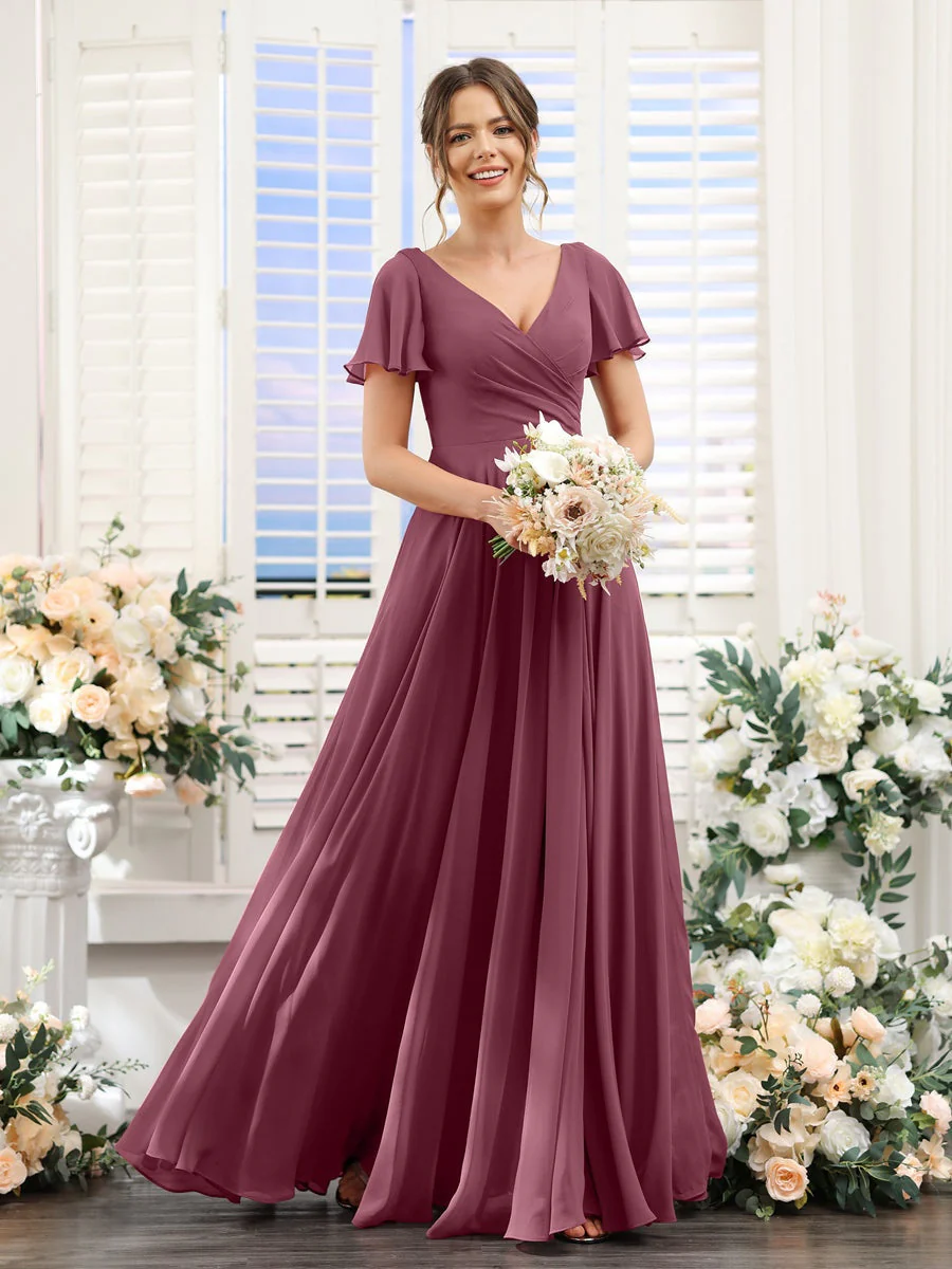 A-Line/Princess V-Neck Short Sleeves Bridesmaid Dresses with Split Side & Ruched - Image 44