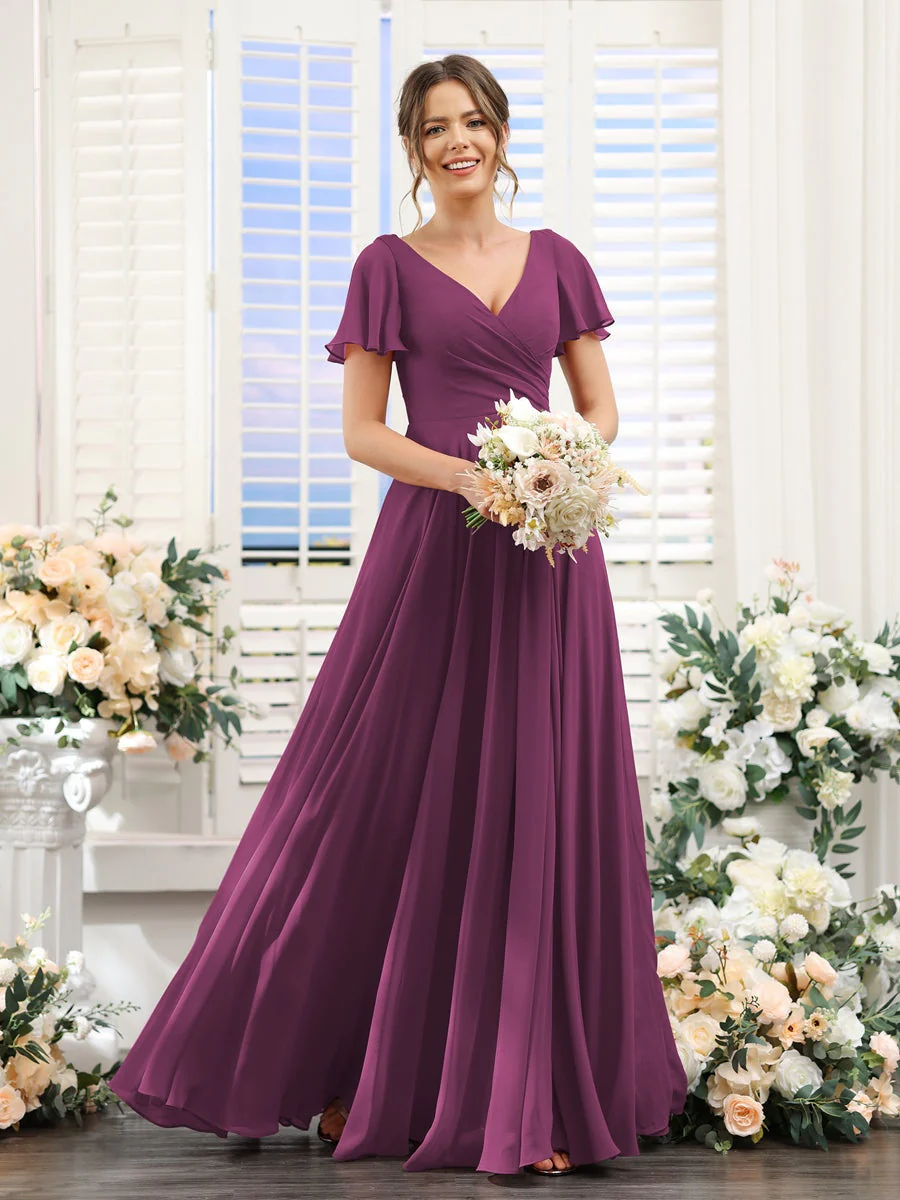 A-Line/Princess V-Neck Short Sleeves Bridesmaid Dresses with Split Side & Ruched - Image 45