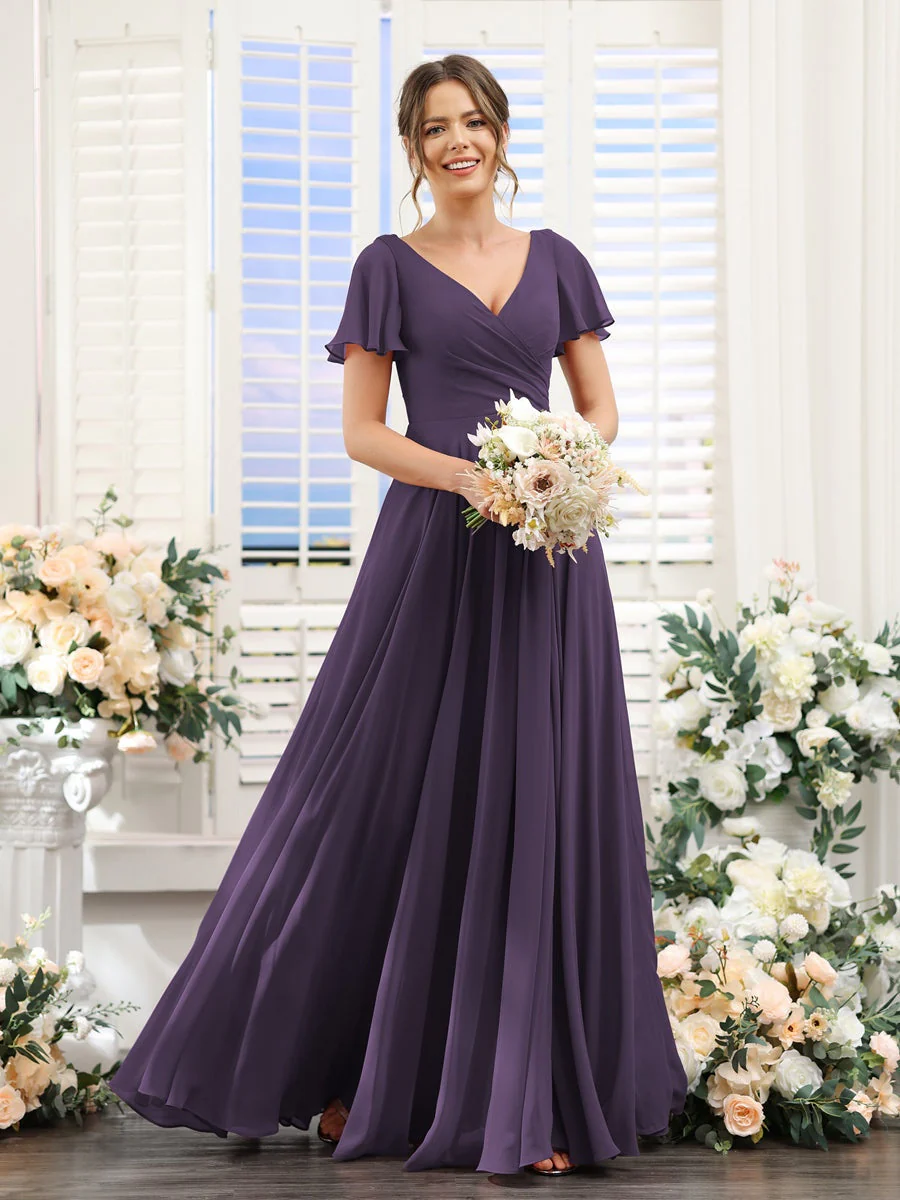 A-Line/Princess V-Neck Short Sleeves Bridesmaid Dresses with Split Side & Ruched - Image 46