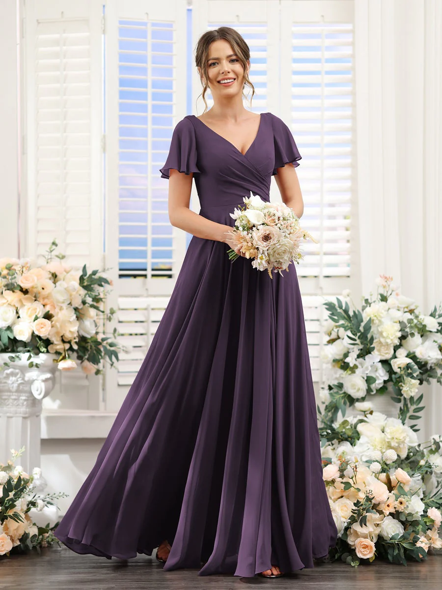 A-Line/Princess V-Neck Short Sleeves Bridesmaid Dresses with Split Side & Ruched - Image 47