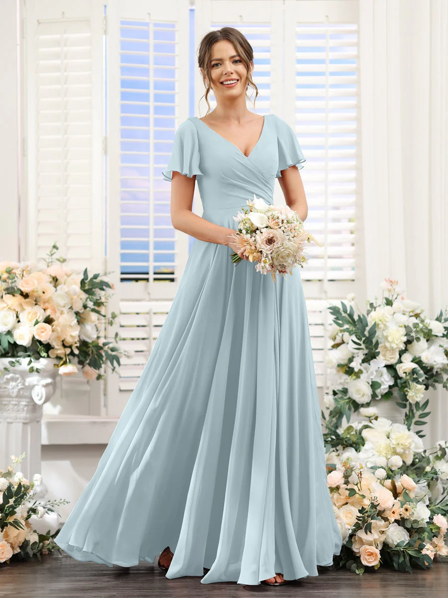 A-Line/Princess V-Neck Short Sleeves Bridesmaid Dresses with Split Side & Ruched - Image 48