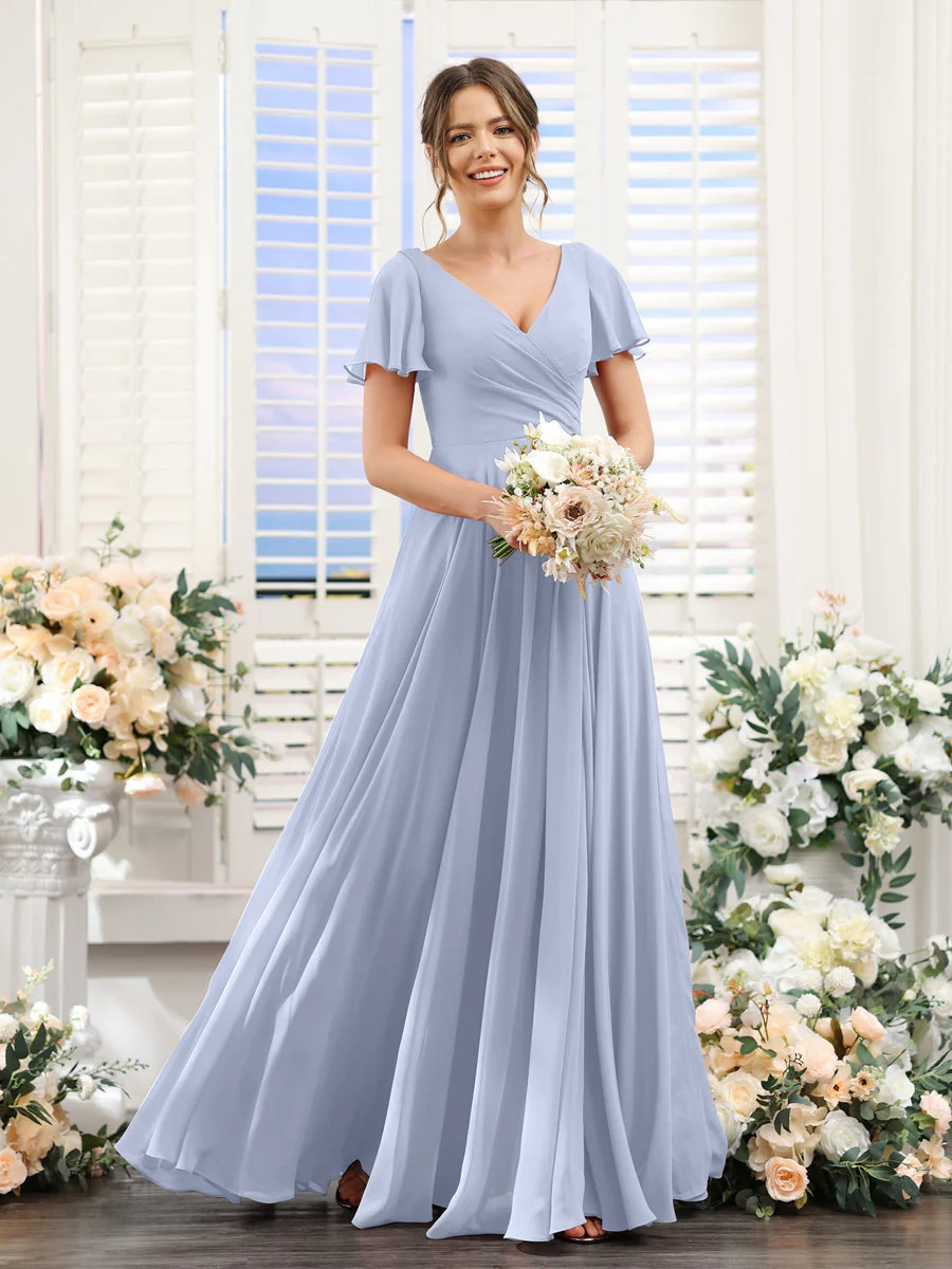 A-Line/Princess V-Neck Short Sleeves Bridesmaid Dresses with Split Side & Ruched - Image 49