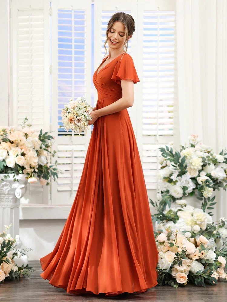 A-Line/Princess V-Neck Short Sleeves Bridesmaid Dresses with Split Side & Ruched - Image 5