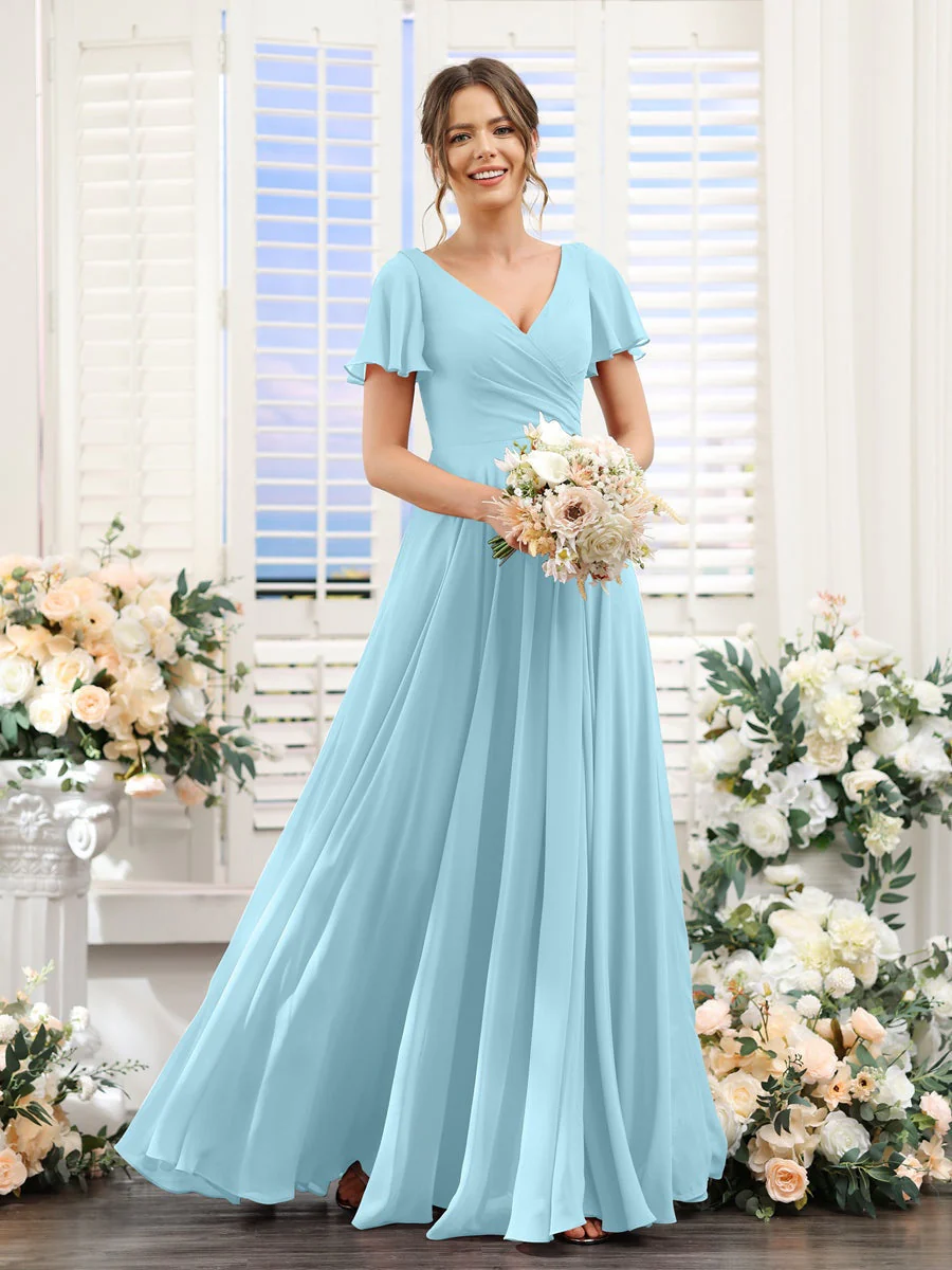 A-Line/Princess V-Neck Short Sleeves Bridesmaid Dresses with Split Side & Ruched - Image 50