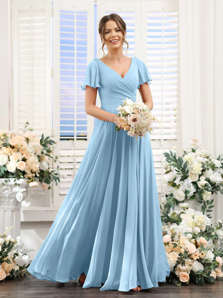 A-Line/Princess V-Neck Short Sleeves Bridesmaid Dresses with Split Side & Ruched - Image 51
