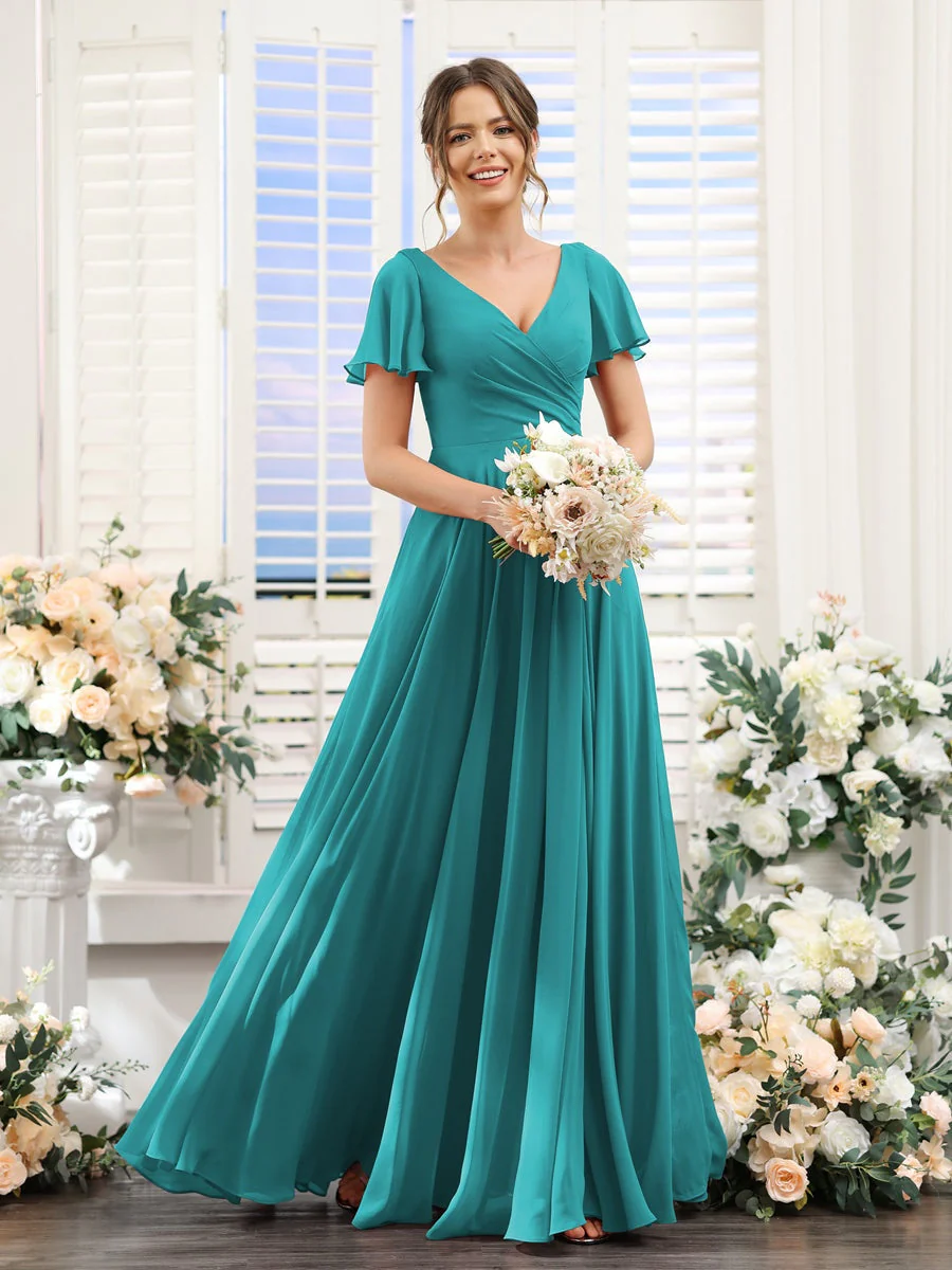 A-Line/Princess V-Neck Short Sleeves Bridesmaid Dresses with Split Side & Ruched - Image 53
