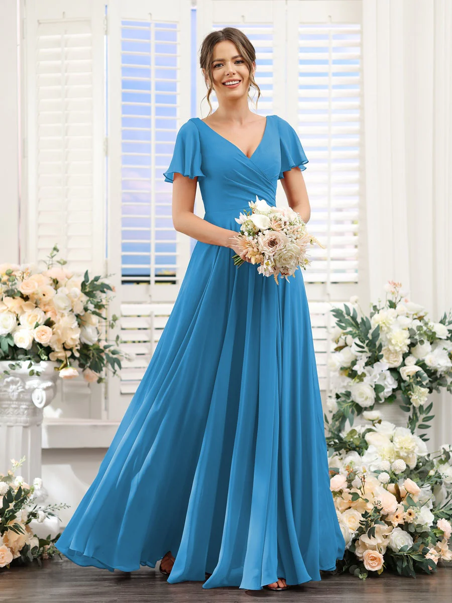 A-Line/Princess V-Neck Short Sleeves Bridesmaid Dresses with Split Side & Ruched - Image 54
