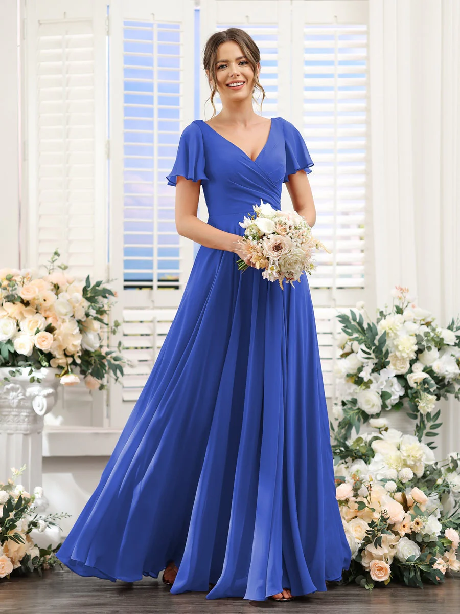 A-Line/Princess V-Neck Short Sleeves Bridesmaid Dresses with Split Side & Ruched - Image 55