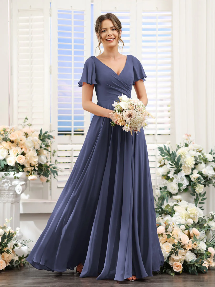 A-Line/Princess V-Neck Short Sleeves Bridesmaid Dresses with Split Side & Ruched - Image 58