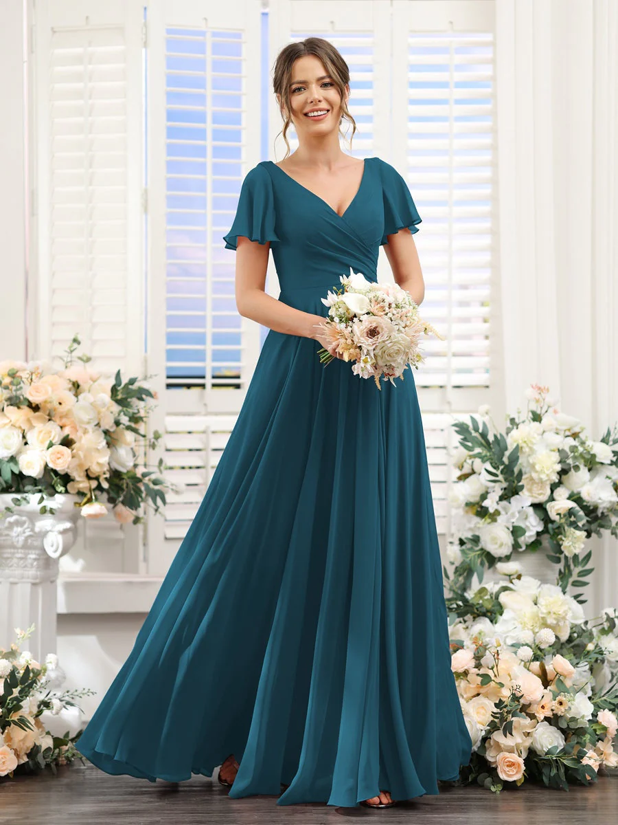A-Line/Princess V-Neck Short Sleeves Bridesmaid Dresses with Split Side & Ruched - Image 59