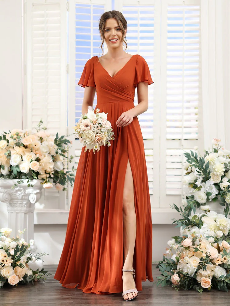 A-Line/Princess V-Neck Short Sleeves Bridesmaid Dresses with Split Side & Ruched - Image 6