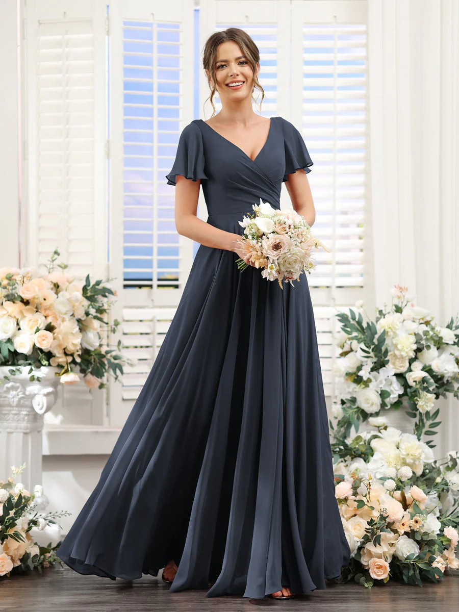 A-Line/Princess V-Neck Short Sleeves Bridesmaid Dresses with Split Side & Ruched - Image 60