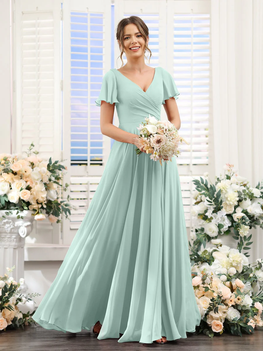 A-Line/Princess V-Neck Short Sleeves Bridesmaid Dresses with Split Side & Ruched - Image 61