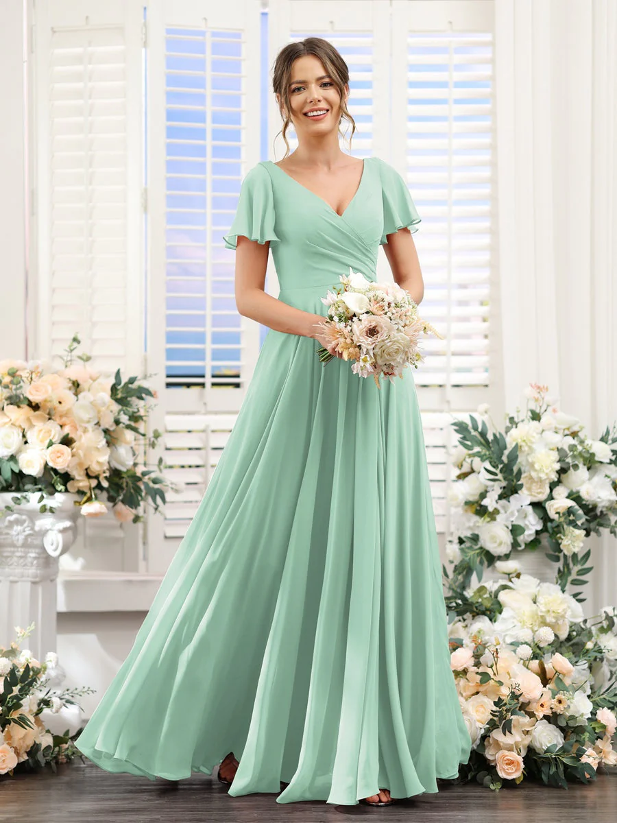 A-Line/Princess V-Neck Short Sleeves Bridesmaid Dresses with Split Side & Ruched - Image 62