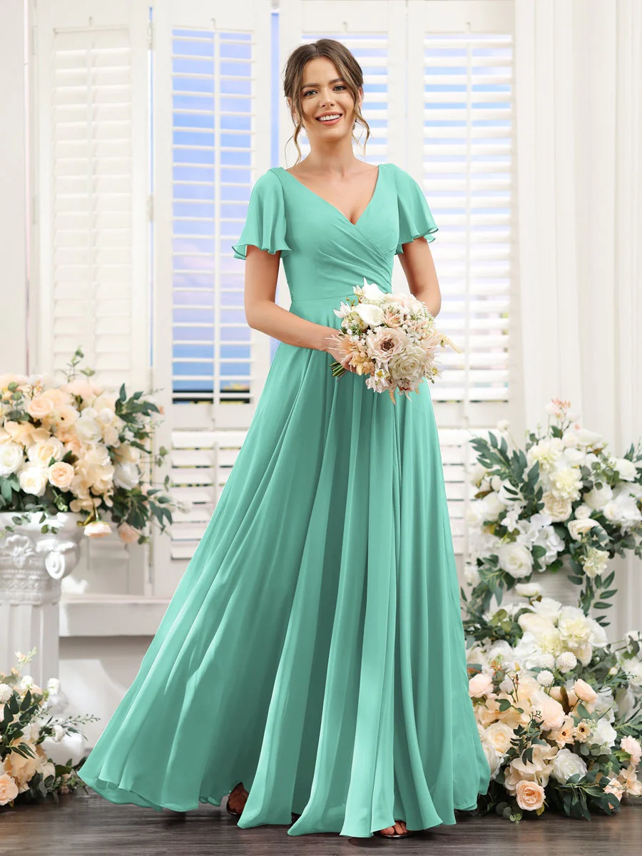 A-Line/Princess V-Neck Short Sleeves Bridesmaid Dresses with Split Side & Ruched - Image 63