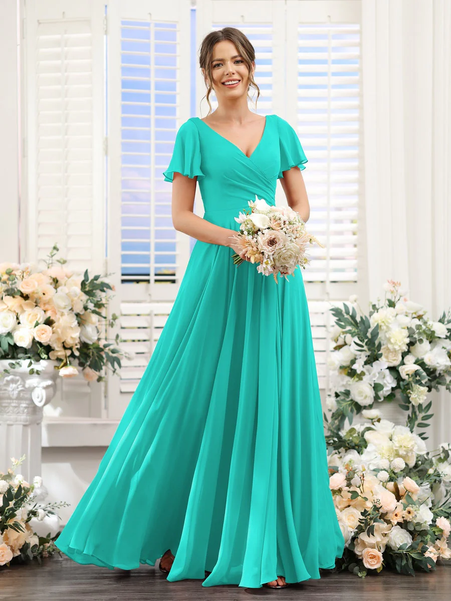 A-Line/Princess V-Neck Short Sleeves Bridesmaid Dresses with Split Side & Ruched - Image 64