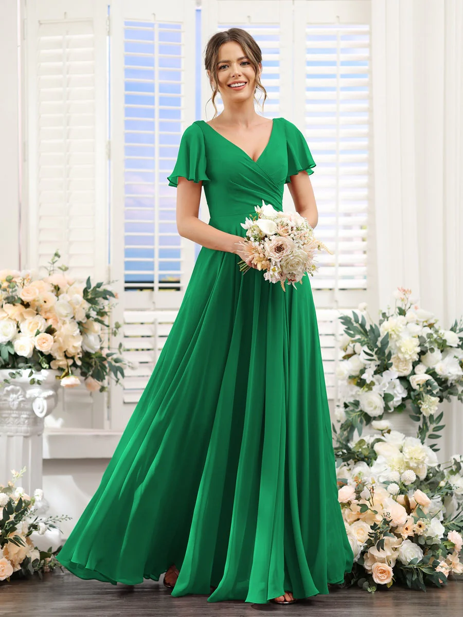 A-Line/Princess V-Neck Short Sleeves Bridesmaid Dresses with Split Side & Ruched - Image 65