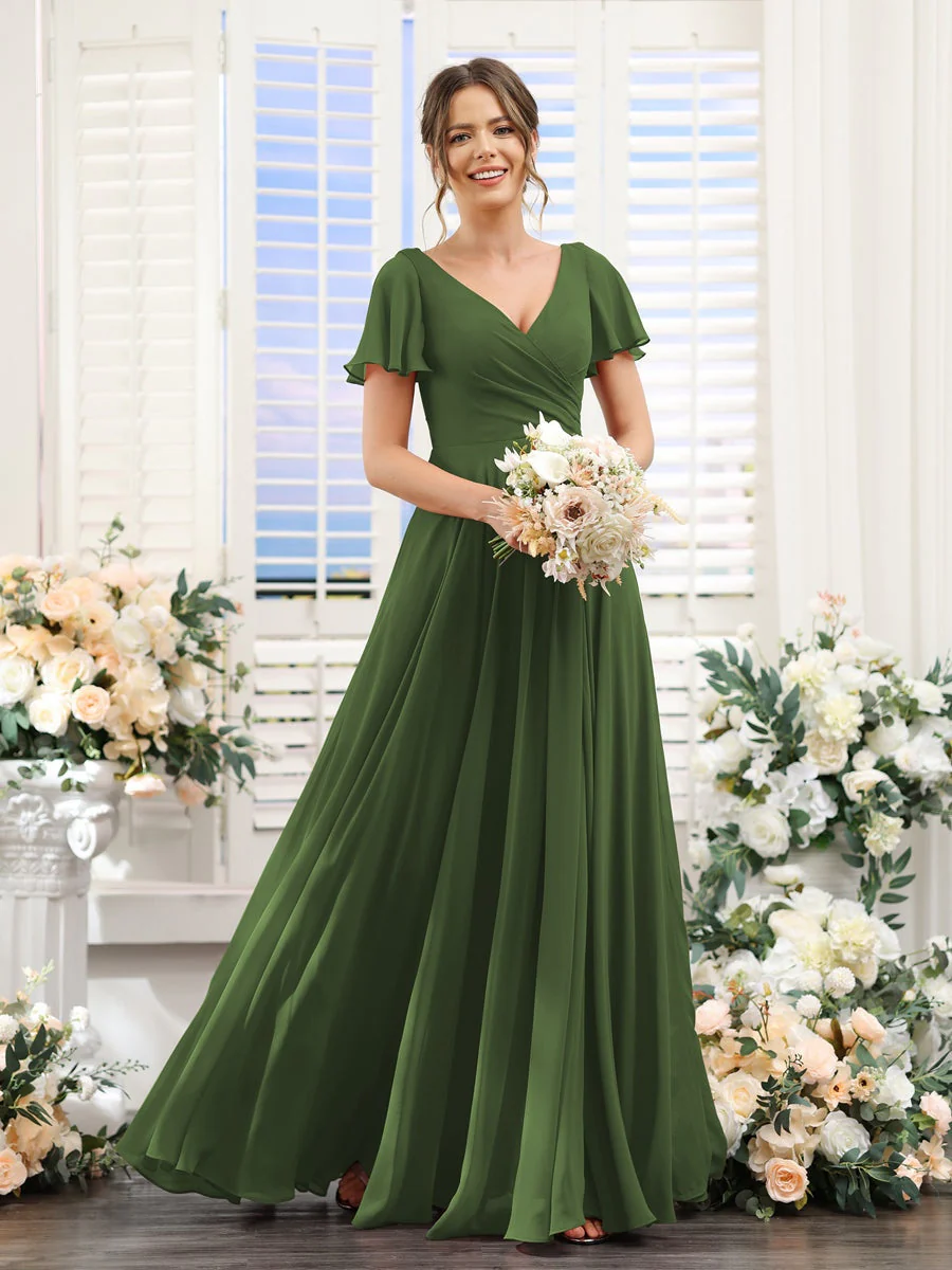 A-Line/Princess V-Neck Short Sleeves Bridesmaid Dresses with Split Side & Ruched - Image 66