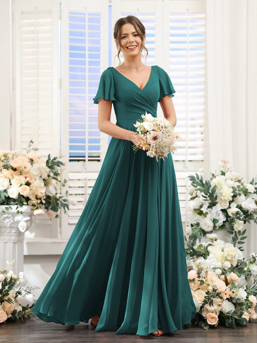 A-Line/Princess V-Neck Short Sleeves Bridesmaid Dresses with Split Side & Ruched - Image 67