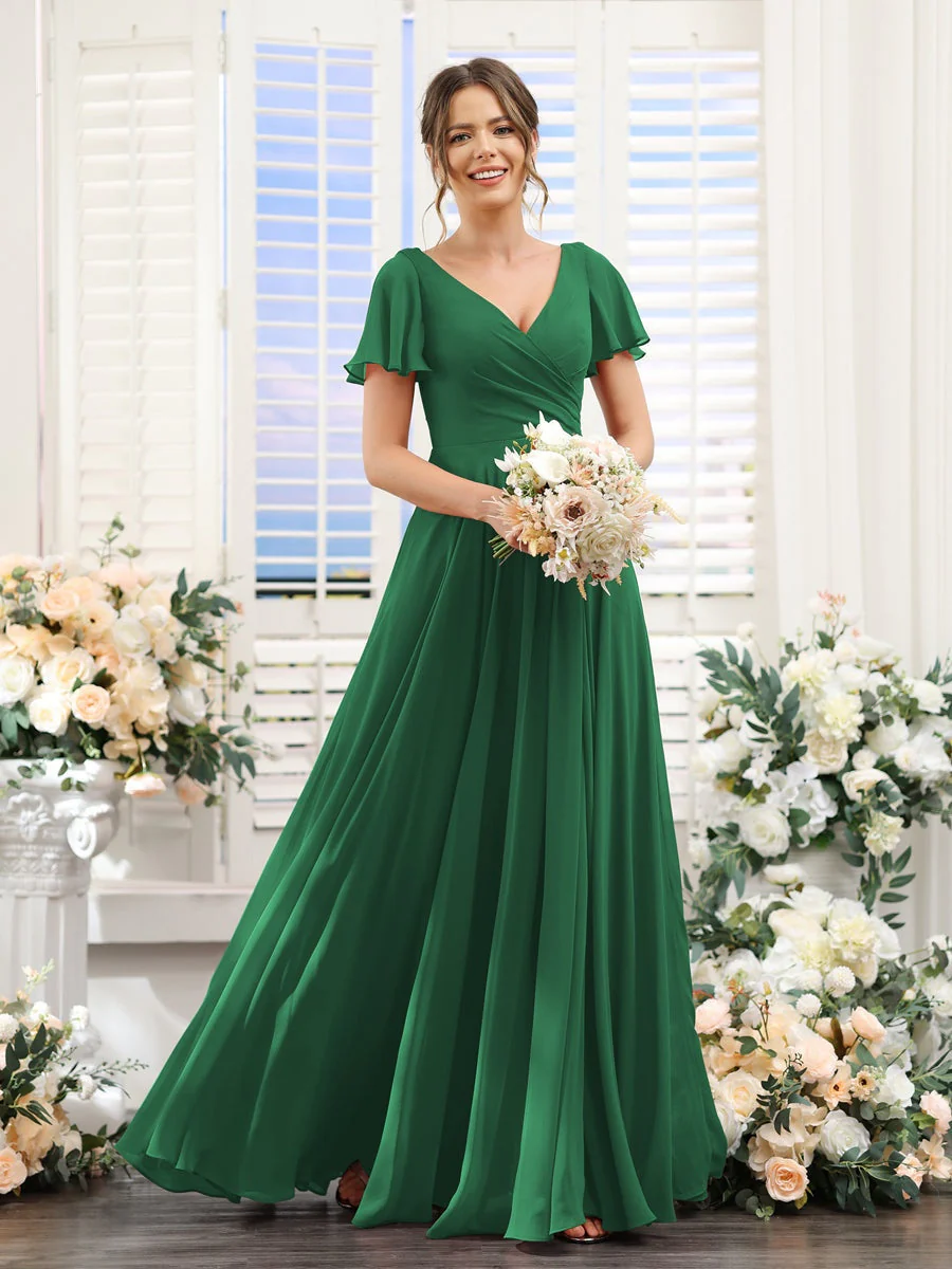 A-Line/Princess V-Neck Short Sleeves Bridesmaid Dresses with Split Side & Ruched - Image 68