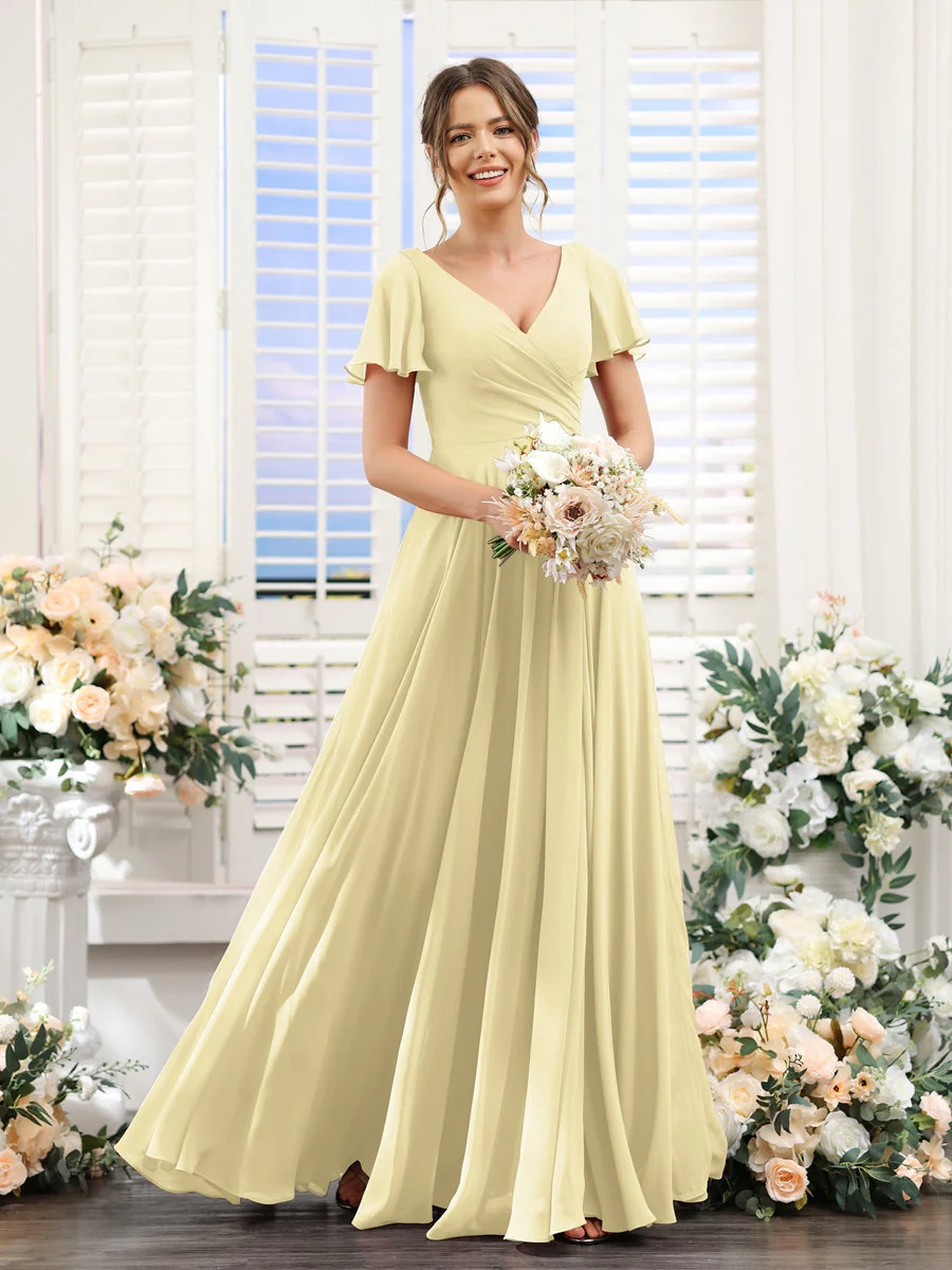 A-Line/Princess V-Neck Short Sleeves Bridesmaid Dresses with Split Side & Ruched - Image 69