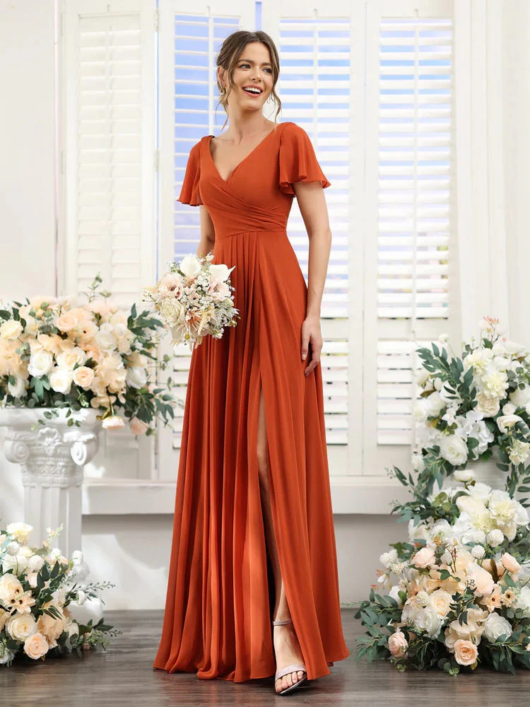 A-Line/Princess V-Neck Short Sleeves Bridesmaid Dresses with Split Side & Ruched - Image 7