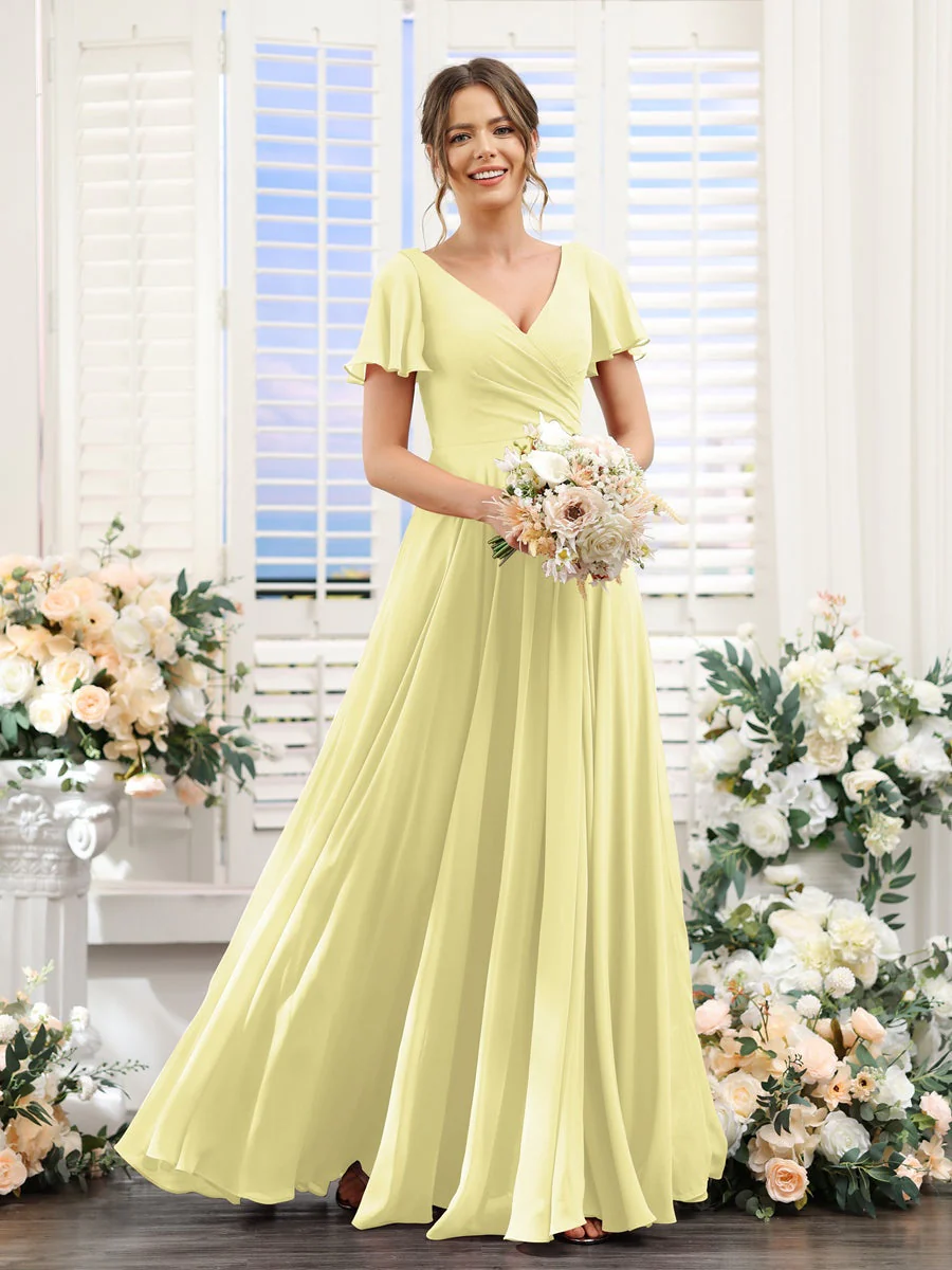 A-Line/Princess V-Neck Short Sleeves Bridesmaid Dresses with Split Side & Ruched - Image 70