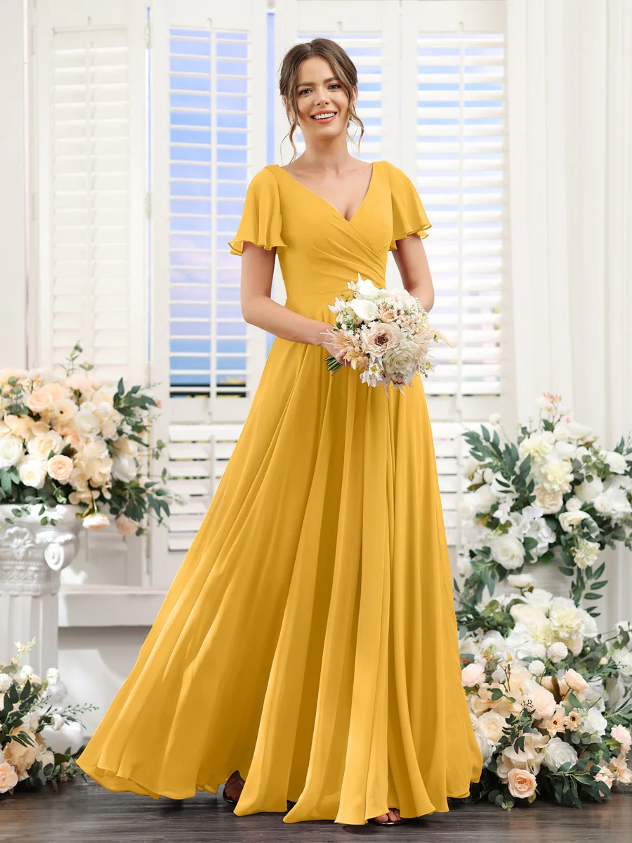 A-Line/Princess V-Neck Short Sleeves Bridesmaid Dresses with Split Side & Ruched - Image 71